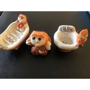 Vintage 70s Owl Toothbrush Holder Caddy Soap Dish Cup Holder Set Bathroom Decor
